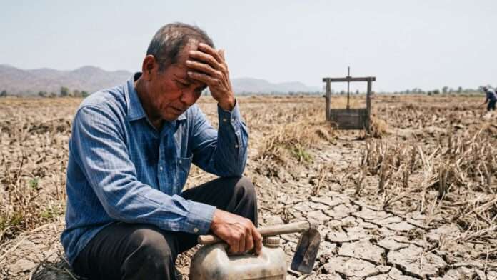 สภาพผืนดินที่แห้งแตกระแหงและเกษตรกรที่ได้รับผลกระทบจากคลื่นความร้อนและภัยแล้งฉับพลัน