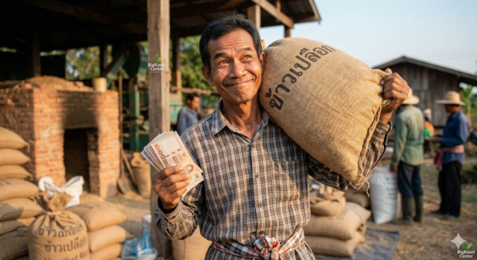 price-boom เกษตรกรไทยยิ้มดีใจถือเงินและแบกกระสอบข้าวเปลือก สื่อถึงราคาข้าวพุ่งสูง