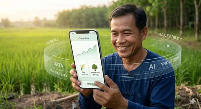 เกษตรกรไทยยิ้มอย่างมีความหวังขณะดูข้อมูลราคาพืชผลและกราฟนวัตกรรมบนสมาร์ทโฟน ท่ามกลางบรรยากาศทุ่งนาที่อุดมสมบูรณ์ สื่อถึงการเปลี่ยนผ่านสู่เกษตรอัจฉริยะและการใช้ข้อมูลเพื่อสร้างอำนาจต่อรอง