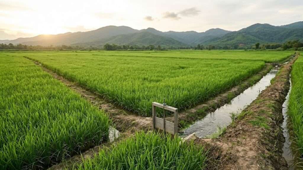 แปลงนาข้าวที่เขียวขจีอุดมสมบูรณ์พร้อมระบบจัดการน้ำที่ดี สื่อถึงการทำเกษตรแม่นยำเพื่อเพิ่มผลผลิตต่อไร่และลดต้นทุน