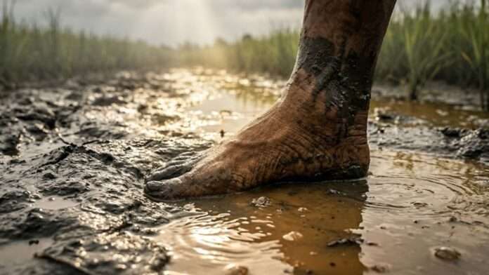 ภาพเท้าเกษตรกรที่สัมผัสดินและโคลนในนาข้าว สื่อถึงความเสี่ยงการติดเชื้อโรคเมลิออยด์หรือไข้ดิน