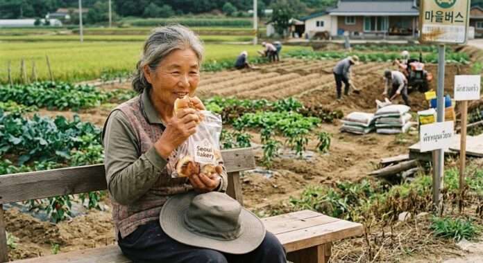 หญิงชราชาวเกาหลีใต้รับประทานขนมปังเบเกอรี่แทนข้าว ท่ามกลางบรรยากาศพื้นที่นาที่กำลังถูกเปลี่ยนเป็นพื้นที่ปลูกพืชชนิดอื่น