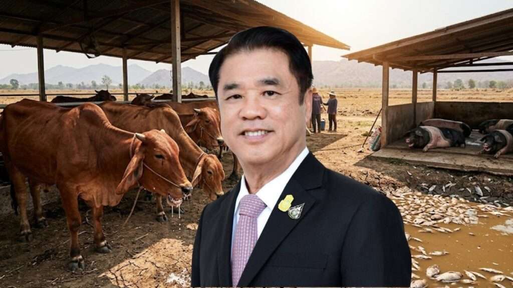 นายสุริยะ จึงรุ่งเรืองกิจ รัฐมนตรีว่าการกระทรวงเกษตรและสหกรณ์ ประกาศ 4 ยุทธศาสตร์รับมือวิกฤตซูเปอร์เอลนีโญ โดยมีฉากหลังเป็นปศุสัตว์และพื้นที่แห้งแล้ง