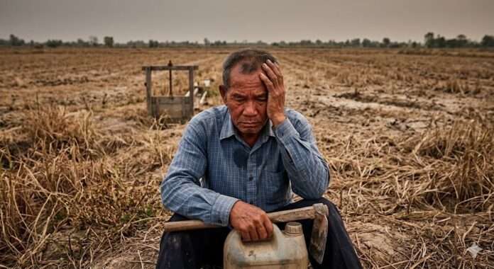 เกษตรกรชาวนาไทยนั่งกุมขมับท่ามกลางทุ่งนาแห้งแล้ง สื่อถึงความเครียดจากต้นทุนการผลิตที่สูงขึ้น