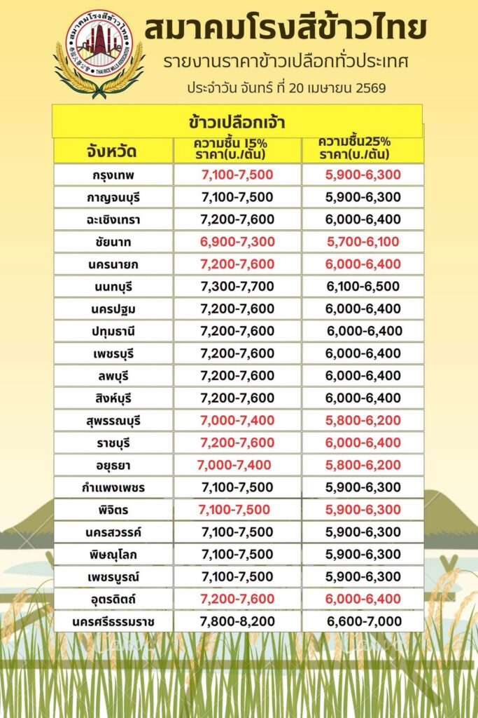 ตารางรายงานราคาข้าวเปลือกเจ้า วันที่ 20 เมษายน 2569 แสดงราคาที่ปรับลดลงเป็นสีแดงยกกระดานในพื้นที่ภาคกลาง