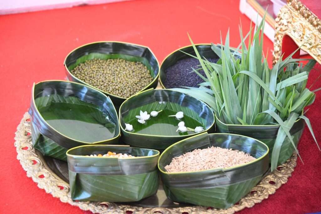 ของกิน 7 สิ่ง สำหรับตั้งเลี้ยงพระโค เพื่อประกอบการเสี่ยงทายในพระราชพิธีแรกนาขวัญ